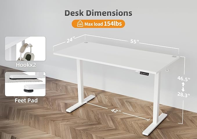 Seang Standing Desk with Adjustable Height, Electric Stand Up Desk 55x24 Inch for Home Office, Studio, Computer Workstation, White