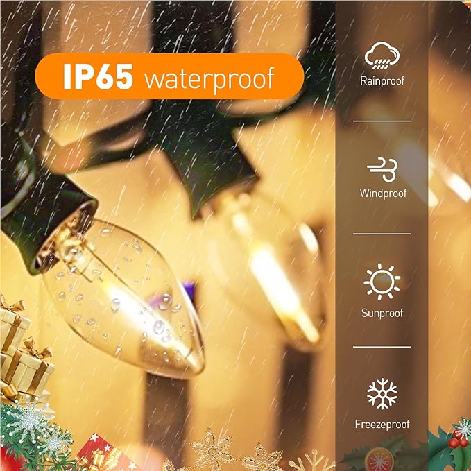 C7 Christmas Lights Outdoor 10ft - Warm White & Clear LED String Lights with 10 Vintage Bulbs, Waterproof Green Wire for Roofline, Patio, Xmas Tree, Halloween, Holiday Decor