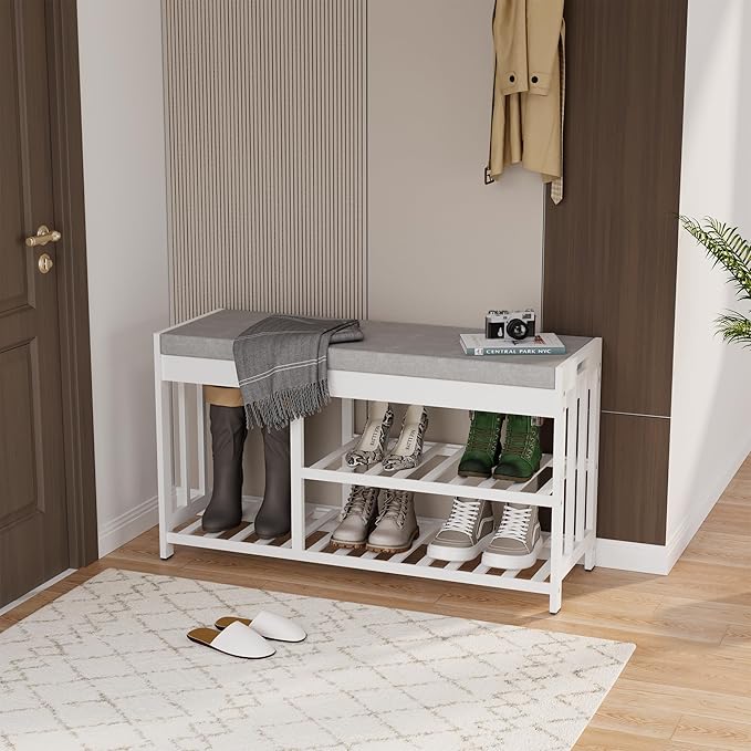 3-Tier Bamboo Shoe Rack Bench, Shoe Storage Organizer Bench, Entryway Benchs, Shoes Rack for Front Door Entrance, Entryway Bathroom Bedroom