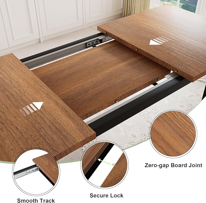 Feonase 7-Piece Dining Table Set with 6 Stools, 63" Large Extendable Kitchen Table Set for 4-8, Mid-Century Dining Room Table with Heavy-Duty Frame & MDF Board, Easy Assembly, Walnut