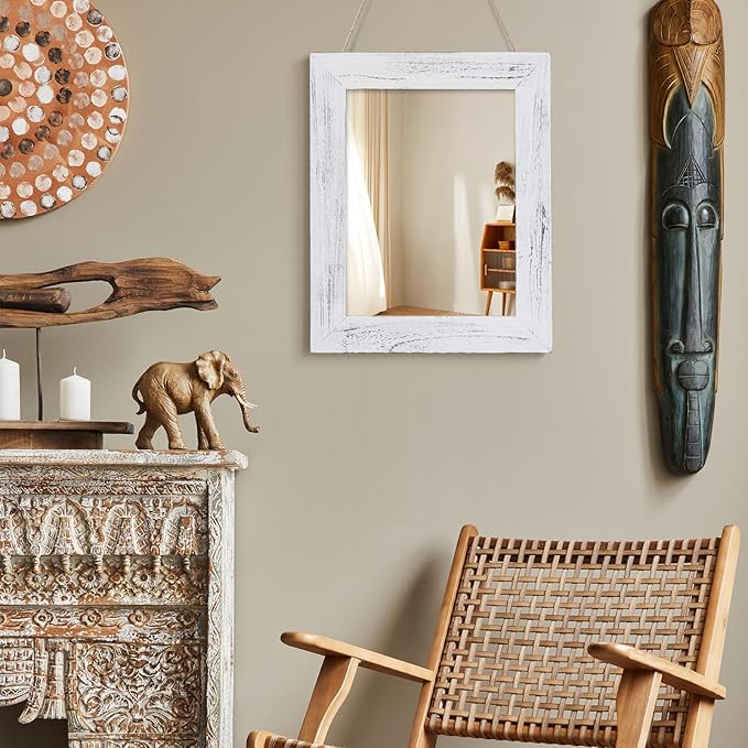 QDSSDECO 16"×20" Wall Mirror Farmhouse Decor Rectangular Mirror Hanging for Bathroom, Vanity, Bedroom, Entryway, Living Room,White