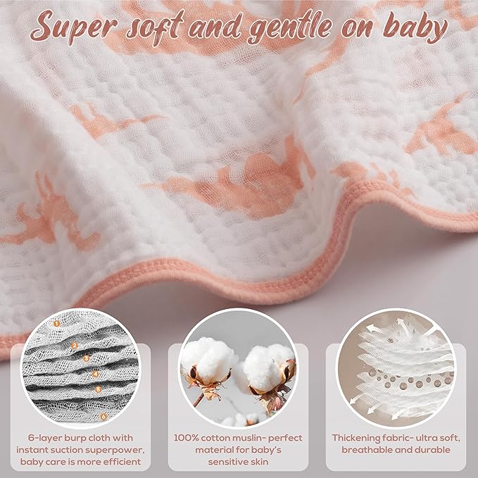 Muslin Hooded Baby Towels for Newborns, 32"x32", 100% Cotton – 6 Layers Super Soft Absorbent Breathable, Baby Bath Towel, Toddler Bath Towel – Pack of 2