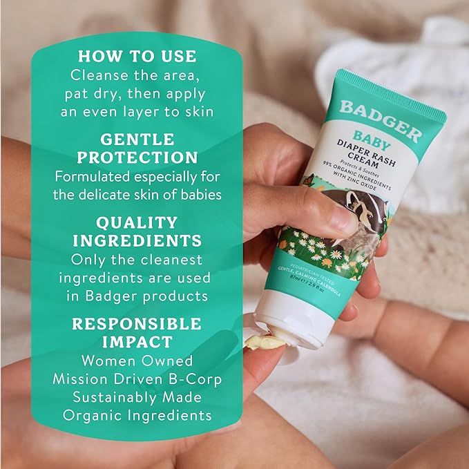 Badger Baby Diaper Rash Cream, Zinc Oxide Diaper Cream for Babies, Natural Skin Barrier Cream with Organic Sunflower Oil & Beeswax, 2.9 fl oz