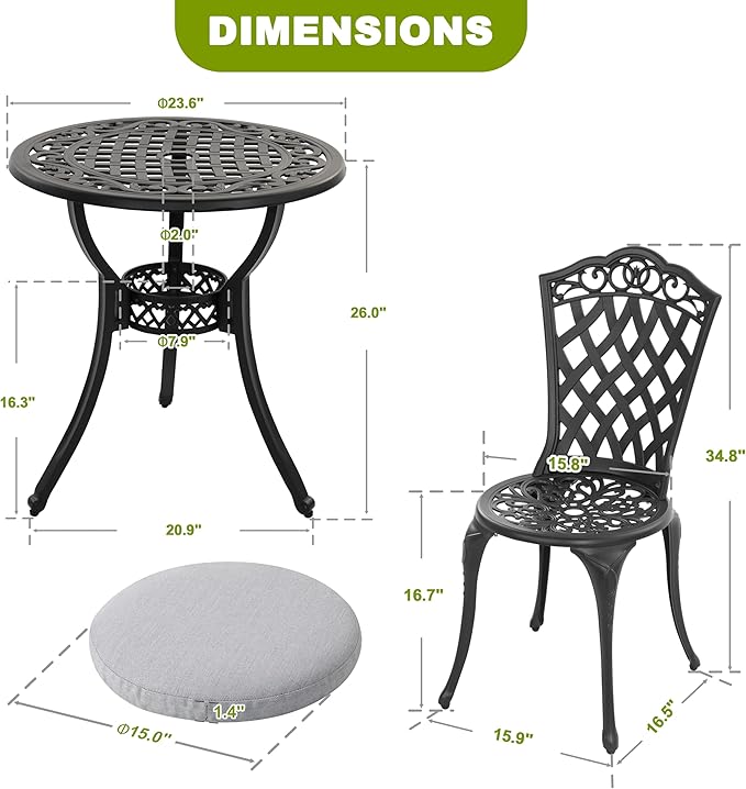 NUU GARDEN 3-Piece Patio Bistro Set Outdoor Cast Aluminum Bistro Table and Chairs Set of 2, Outdoor Patio Bistro Set with Umbrella Hole and Gray Cushions for Patio Balcony, Black