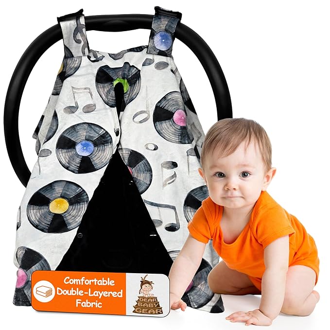 Dear Baby Gear - Car Seat Canopy, Infant Carrier Cover for Boys & Girls, Cozy Fall Baby Shower Gift, Nursing & Stroller Use, Newborn Travel Sunshade, Colorful Vinyl Records with Music Notes, Black