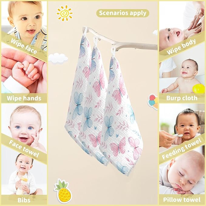 Burbuja Cute Butterflies Baby Washcloths - Muslin Cotton Soft Absorbent Baby Towel for Newborn Baby Sensitive Skin - Baby Essential Item, 12x12 in, 5 Pack