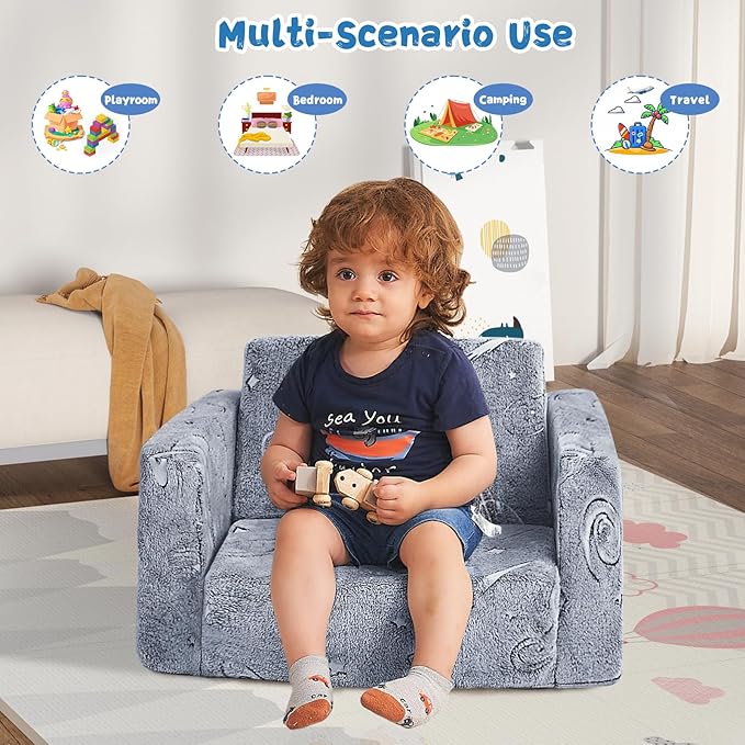 Toddler Chair Comfy,2-in-1 Soft Toddler Couch Fold Out for Kids,Convertible Sofa to Lounger,Gift for Girls and Boys Birthday,Space,Medium