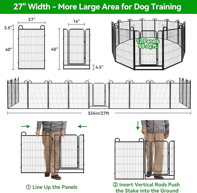 Dog Playpen Outdoor 12 Piece Panels Heavy Duty Dog Fence 40" Height Anti-Rust with Doors Portable for RV Camping Yard, Total 27FT, 58 Sq.ft, Snowy Black