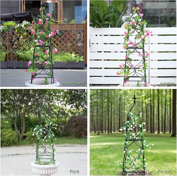 Obelisk Trellis for Garden - 38.3" x 10.03" Durable Metal Climbing Support for Roses, Vines & Flowers | Elegant Black Design with Decorative Top & Hollow Sides