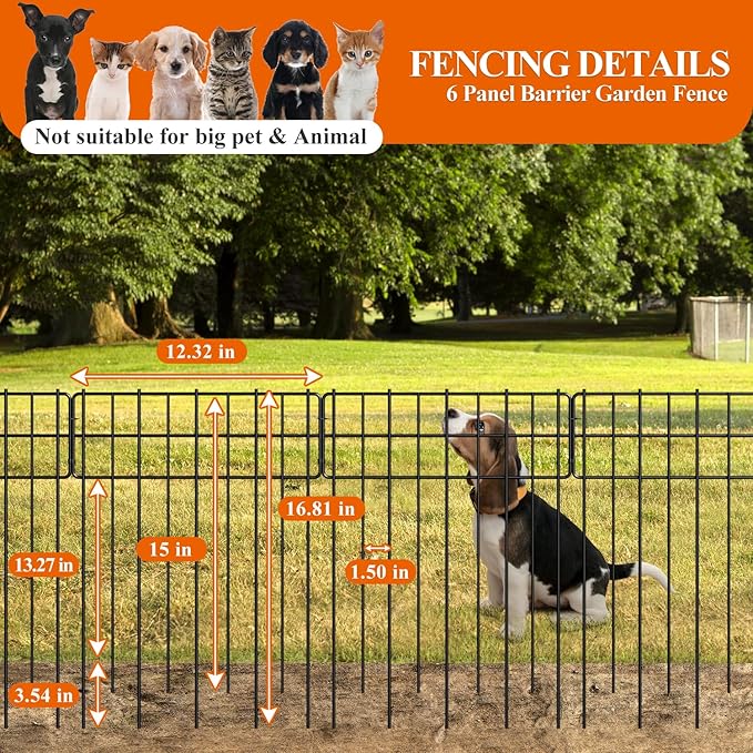 Garden Border Edging Fences, 12.32"*16.81" Decorative Fence Panel, Small Garden Fence Animal Barrier, No Dig Fences Barrier, Square 6 Pcs Black Metal Fencing, Dog Fencing Blocker for Yard, Flower Bed
