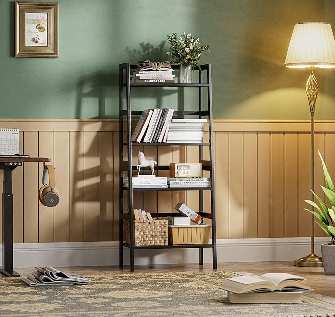 HITNET Black Bookshelf, 4-Tier Ladder Shelf, Freestanding Leaning Bookcase with Bamboo Shelves, Space Saving Flower Plant Stand for Small Space