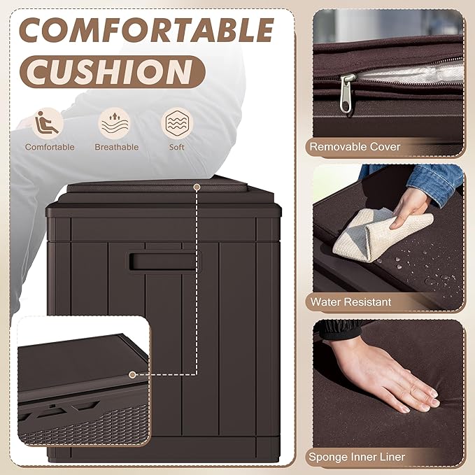 Devoko 100 Gallon Deck Box, Waterproof Resin Outdoor Storage Box with Cushion for Outside and Patio, Large Outdoor Storage Bench Cabinet Lockable for Patio Furniture and Garden Tools (Deep Brown)