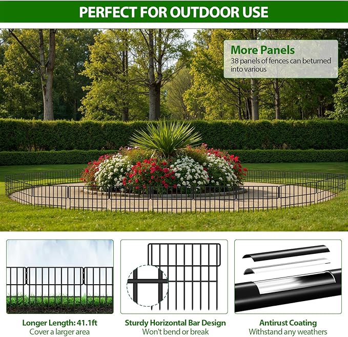 38 Panels Animal Barrier Fence, No Dig Fence 41.1ft(L) x12in(H), Garden Fences for Rabbits and Dog Ground Defense, Rustproof Metal Fences Border, Fenceing Bottom Blocker for Outdoor Yard Patio