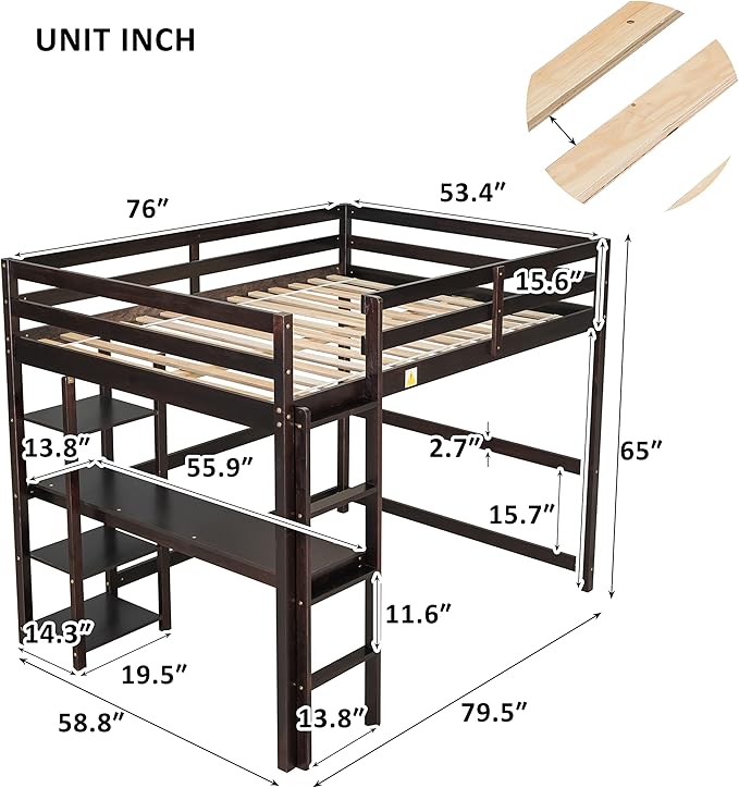 HomSof Full Loft Bed with Desk and Shelves,Espresso