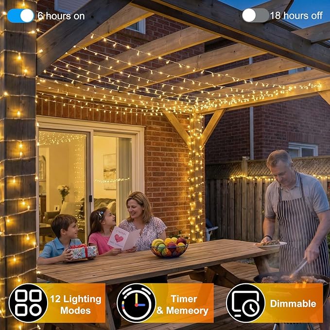 350LED 90FT Christmas Lights Indoor Outdoor, 12 Modes Warm White Outdoor String Lights with Timer & Dimmable, Green Wire Christmas String Lights for Indoor Tree Patio Yard Fence Bedroom Wedding Garden
