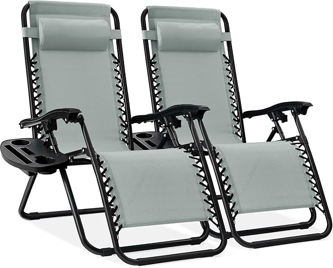 Best Choice Products Set of 2 Adjustable Steel Mesh Zero Gravity Lounge Chair Recliners w/Pillows and Cup Holder Trays - Stardew