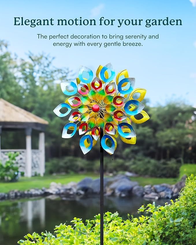 Yard Garden Wind Spinners with Stake - Large Outdoor Metal Wind Spinners, Lawn Yard Art Garden Decor (24" W x 84" H)