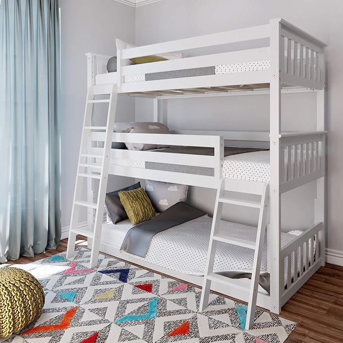 Max & Lily Triple Twin Bunk Bed, Solid Wood Bed Frame For Kids, No Box Spring Needed, Easy Assembly, White
