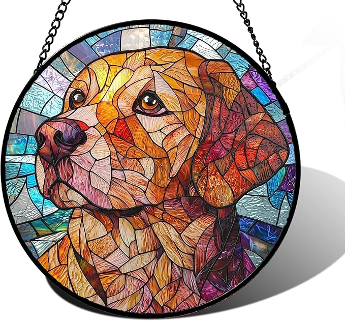 Stained Glass Window Hanging, Cute Dog Abstract Sun Catchers Colorful Glass Panel Texture Suncatcher Decor for Birthday for Women, Men, Wife, Aunt, and Mom 14.9x14.9 in