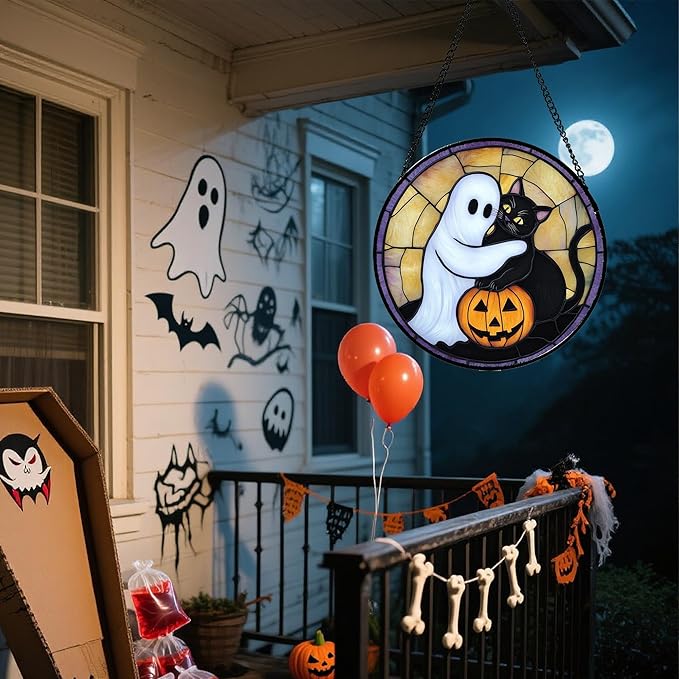 Stained Glass Window Hanging - Halloween Decorations Cute White Ghost Black Cat Suncatcher for Doors Garden Spooky Sun Catchers Gothic Decor Horror Gifts for Women Men Friend Boy 11.8 in