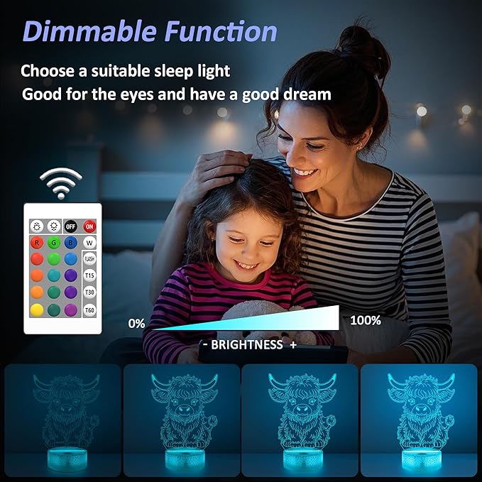 OkiyiD Highland Cow Gifts for Boys Girls,Highland Cow Night Light 3D Illusion lamp with 16 Colors Changing,Moo Decor for Kids Room Decor Birthday Gifts