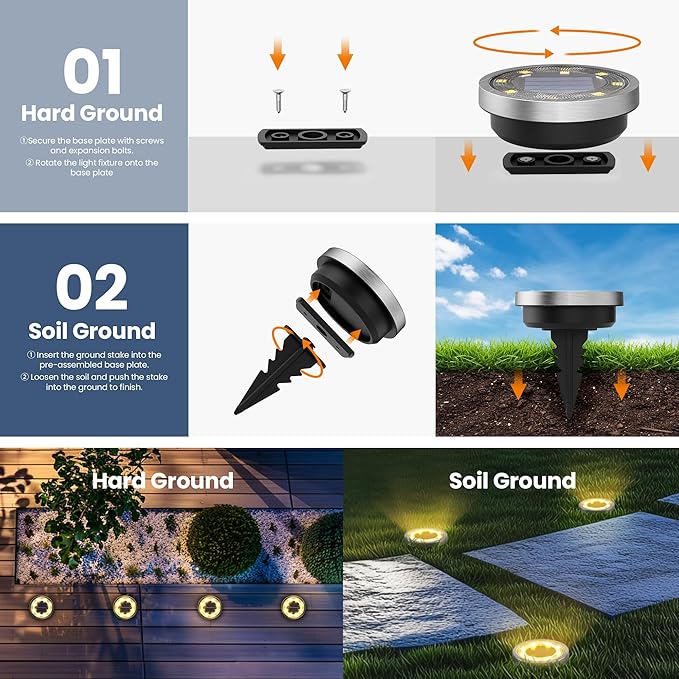 SOLPEX 10 Pack Solar Ground Lights Outdoor Waterproof, Solar Powered Pathway Lights, Landscape Lighting for Garden Walkway Driveway Backyard Decor (Warm White)