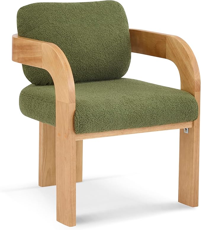 Christopher Knight Home Yorick Modern Boucle Dining Chair Set of 2 with Cushion, Solid Wood Dining Room Armchair Set, Curved Backrest Kitchen Side Chair, Living Room Comfy Extra Seat, Natural+Green