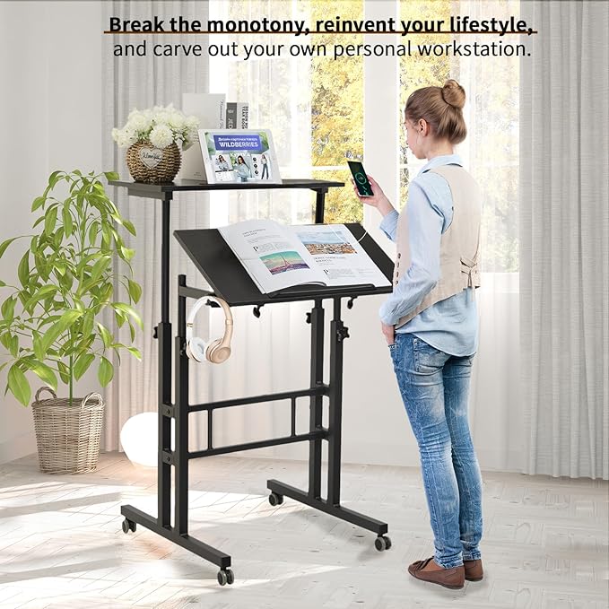Hadulcet Mobile Standing Desk with Charging Station, Adjustable Standing Computer Desk, Standing Adjustable Laptop Cart with Wheels for Home Office Classroom Black