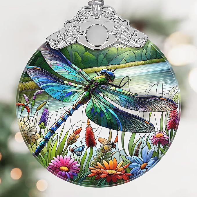 Dragonfly Stained Glass Christmas Ornament - Holiday Tree Decoration, Home Decor, Gift Idea With Wildflower Design