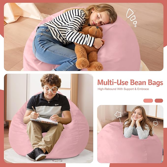 Homguava 2FT Bean Bag Chair: 2' Bean Bags with Memory Foam Filled,Comfy Beanbag Chairs Round Bean Bag Sofa with Dutch Velvet Cover-Light Pink