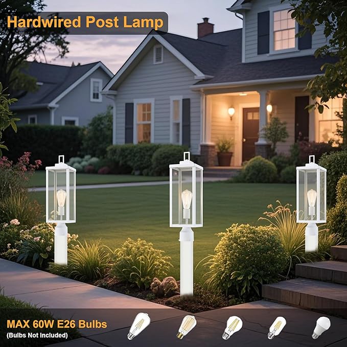 GRUENLICH Outdoor Lamp Post Light Fixtures, Exterior Pole Lantern with Tempered Glass, 20.5 Inch Fence Post Lighting for Garden Yard Pathway, White, 1 Pack
