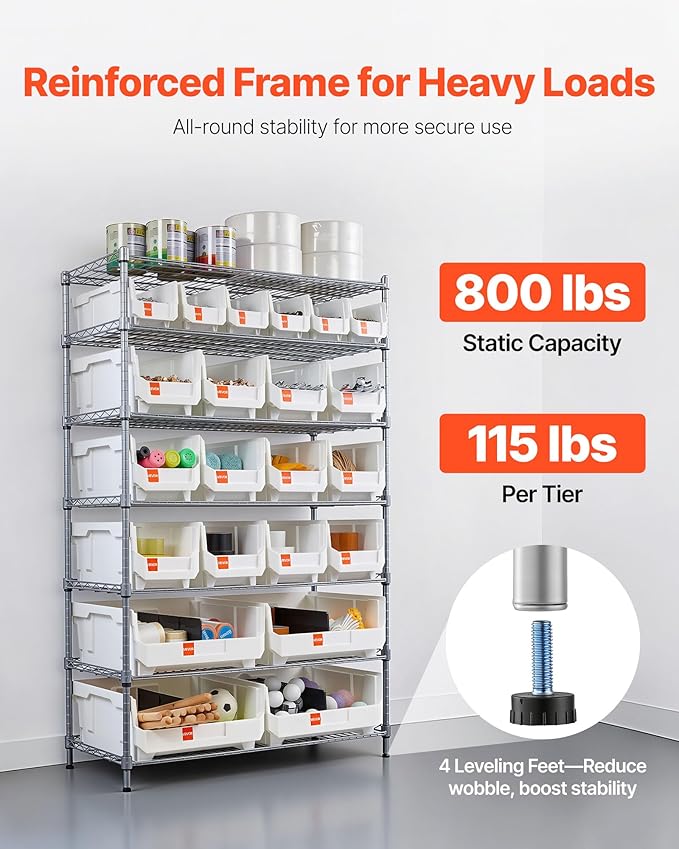 VEVOR 7-Tier Rolling Bin Storage Rack, 22 Organizer Bins, Bin Rack Storage Steel Wire Shelving System with Wheels, Mobile Tool Organizer for Garage, Warehouse, Office, Restaurant, Classroom, Kitchen