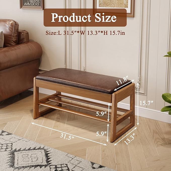 Shoe Rack Bench Seat Rubberwood 2-Tier Wooden Storage Bench 550lbs Compact Mid-Century Modern Design for Entryway, Hallway, Closet, Front Door Entrance, Foyer