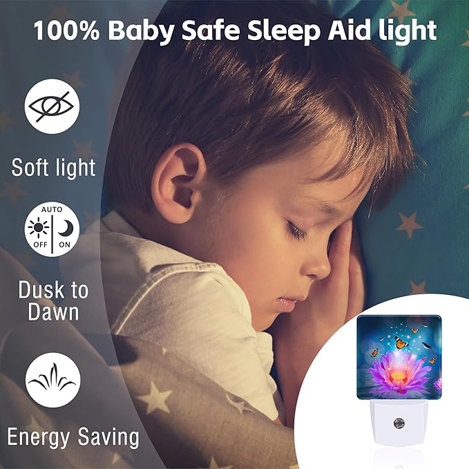 Purple Lotus Flowers Butterflies Night Light for Kids,Glowing Lotus Butterfly Night Light Plug in with Dusk to Dawn Sensor,0.5w Energy Saving Nightlight for Hallway Stairway Kitchen Bedroom