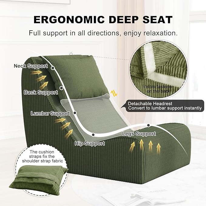 Giant Bean Bag Chair for Adults,Corduroy Chaise Lounge with Unrivaled Back Support, Detachable Neck Pillow, Comfortable Ottoman & Washable Cover for Living Room, Bedroom, Garden (Olive green)