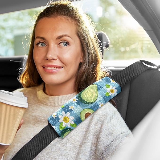Cute Avocados Daisies Blue Checkered Seat Belt Covers Soft Seat Belt Strap Cover Pack of 2 Shoulder Strap Pad Protect Your Neck and Shoulder