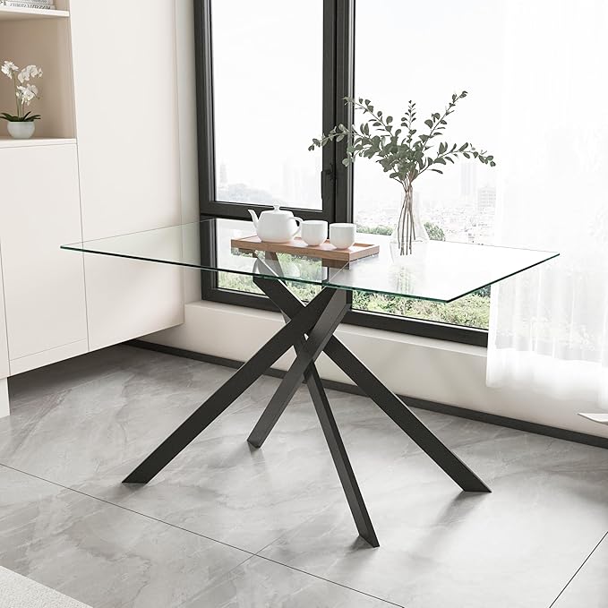 51" Rectangular Glass Dining Table Modern Kitchen Glass Top Table for 4 with Black Metal Legs, Clear Dining Table Kitchen Table for Home Office Dining Room