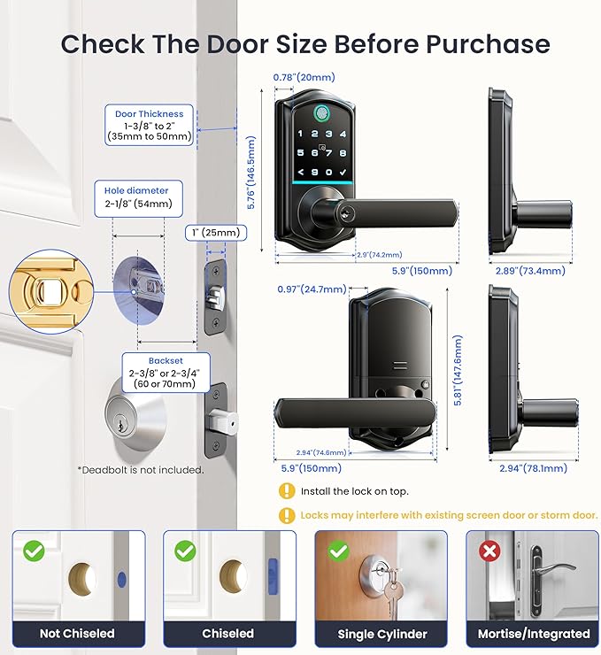 Veise VE019 Fingerprint Smart Lever Lock - APP Control, Keypad Door Lock with Handle, Keyless Entry for Front Door and Bedroom, Electronic Digital Knob, Remote Grant, IP55 Weatherproof, Matte Black