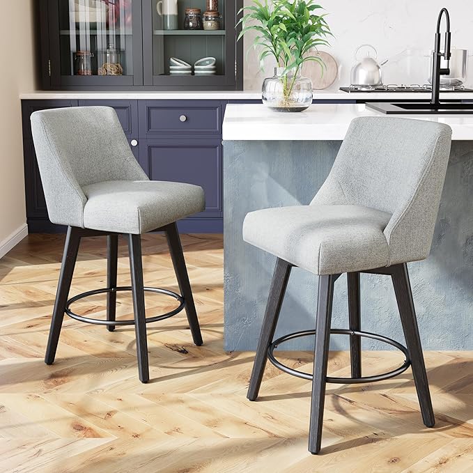 26.8 Inch Counter Height Bar Stools with Back, Swivel Bar Stools Set of 2, Modern Kitchen Barstools with Footrest, Linen Upholstered Bar Chairs, Solid Wood Legs for Island, Pub, Light Grey