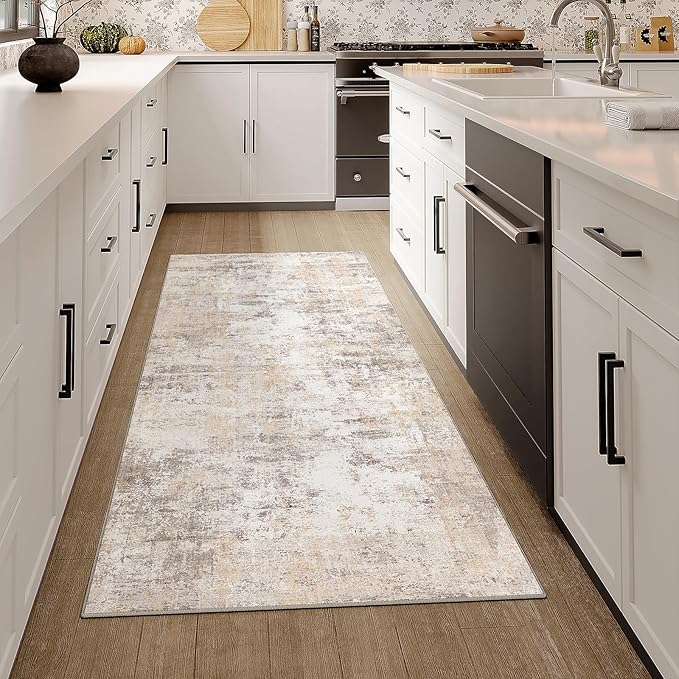 2x5 Washable Runner Rug Beige Grey Neutral Abstract Hallway Kitchen Living Room Bedroom Non Slip Throw Rug Soft Low Pile Indoor Carpet for Entrance Laundry Bathroom
