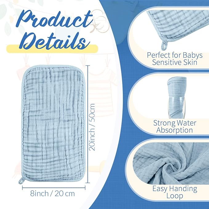 VitalCozy 6 Pcs Baby Muslin Hooded Bath Towels and Washcloths Muslin Cotton Hooded Baby Towels Absorbent Blankets for Gift Newborn Infant Shower (32 x 32 Inch,Mint Blue,Sky Blue)