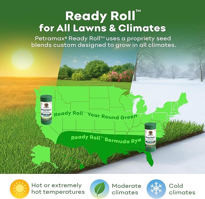 Petramax ReadyRoll Biodegradable Grass Seed Mat for Lawn (54 ft.) - All Year Green 3-in-1 Tall Fescue & Kentucky Grass Seed Rolls w/Mulch & Fertilizer - Lawn Repair Patch - Just Roll, Water, Grow