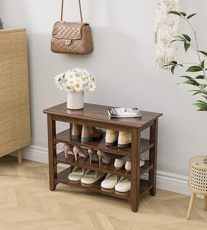 Wooden Storage Shoe Bench, Entryway Bench with 3-Tiers Height Adjustable, Shoe Rack Front Doors Entrances for Hallway Living Room,Mudrooms (Brown,25.6")