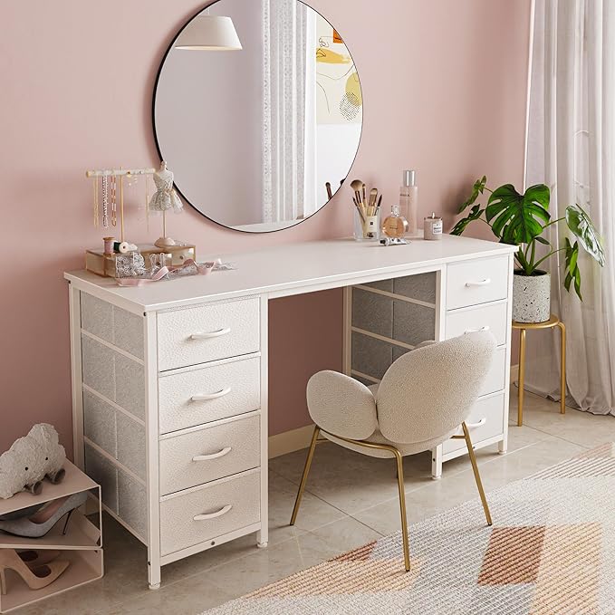 Huuger 47 Inch Vanity Desk with 8 Fabric Drawers, White Desk, Computer Desk with Large Storage, Drawers, for Home Office, Bedroom