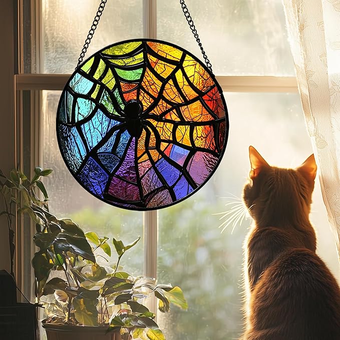 Stained Glass Suncatcher, Colorful Spider Sun Catcher Black Insect Stain Glass Window Hanging Decoration Mother's Day Birthday Gifts for Women Men Mom Nana 6.3 in