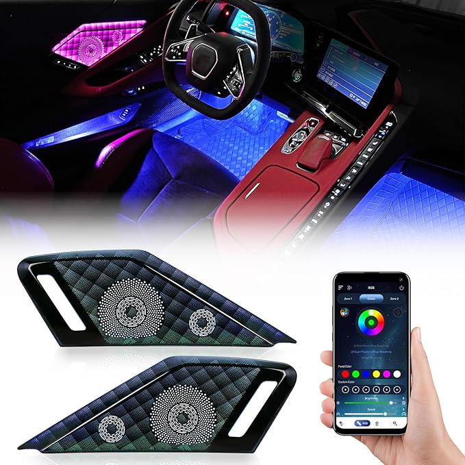 Door Speaker Relays Cover Trim w/Neon Accent Lights fit for C8 Corvette 2019-2024,LED Ambient Foot Lights,Atmosphere Door Storage Box Lamps,Voice APP Button Switching Control,RGB