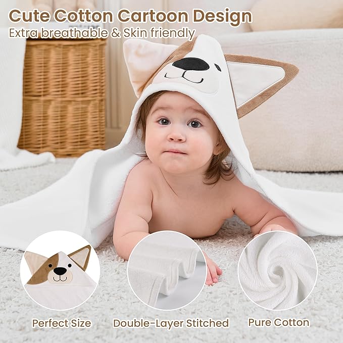Mooreeke 2 Pack Toddler Towels - 100% Cotton Toddler Hooded Towels - Soft Baby Bath Towel with Hood for Newborn - Comfort Towel for Baby Girls and Boys - Animal Shaped (Puppy & Fox)
