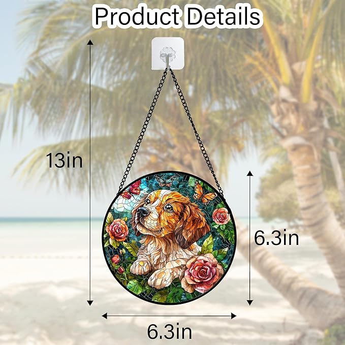Stained Glass Window Hanging, Dog and Rose Suncatcher for Doors Home Butterfly Sun Catchers Decoration and Christmas, Mother's Day Birthday Gifts for Women, Men, and Mom 6.3 in