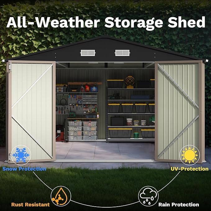 Patiowell 10x14 FT Outdoor Storage Shed, Large Metal Garden Shed with Lockable Door and Sloping Roof, Outside Steel Utility Tool Sheds for Backyard Lawn Garden Patio, Brown