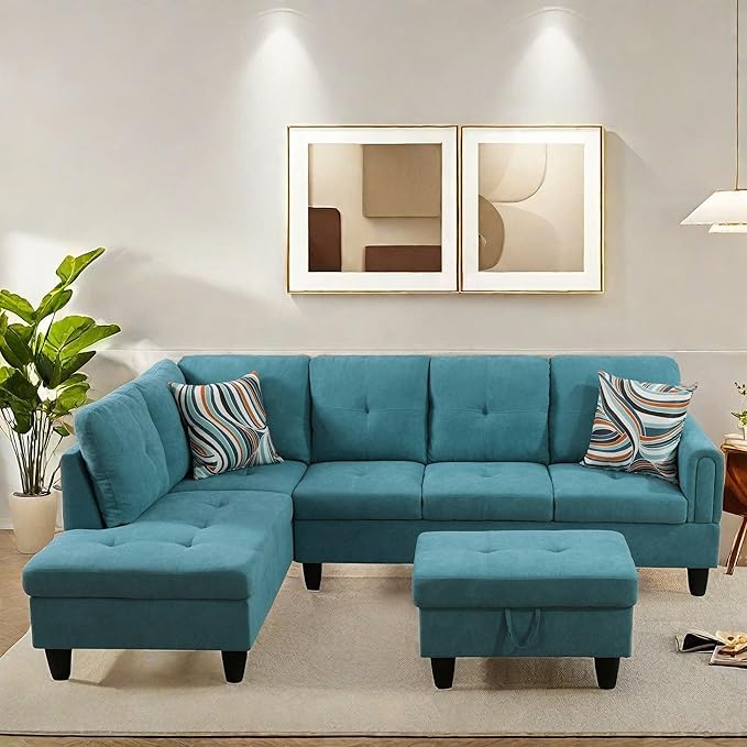 NAYSAYE Sectional Couch with Ottoman Storage, L Shaped Couch Sofa Furniture Sets, Modern Comfy Modular Comfy Sofa for Living Room Bedroom, Office and Apartment, Blue